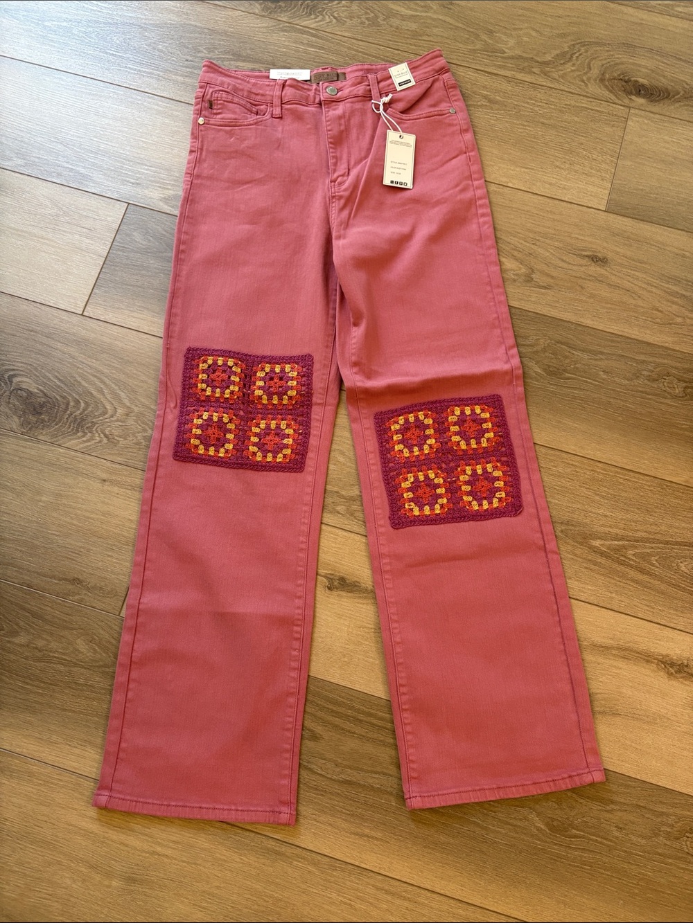 Judy Blue Dusty Pink Wide-Leg High Rise Jeans with Colorful Crochet Knee Patches